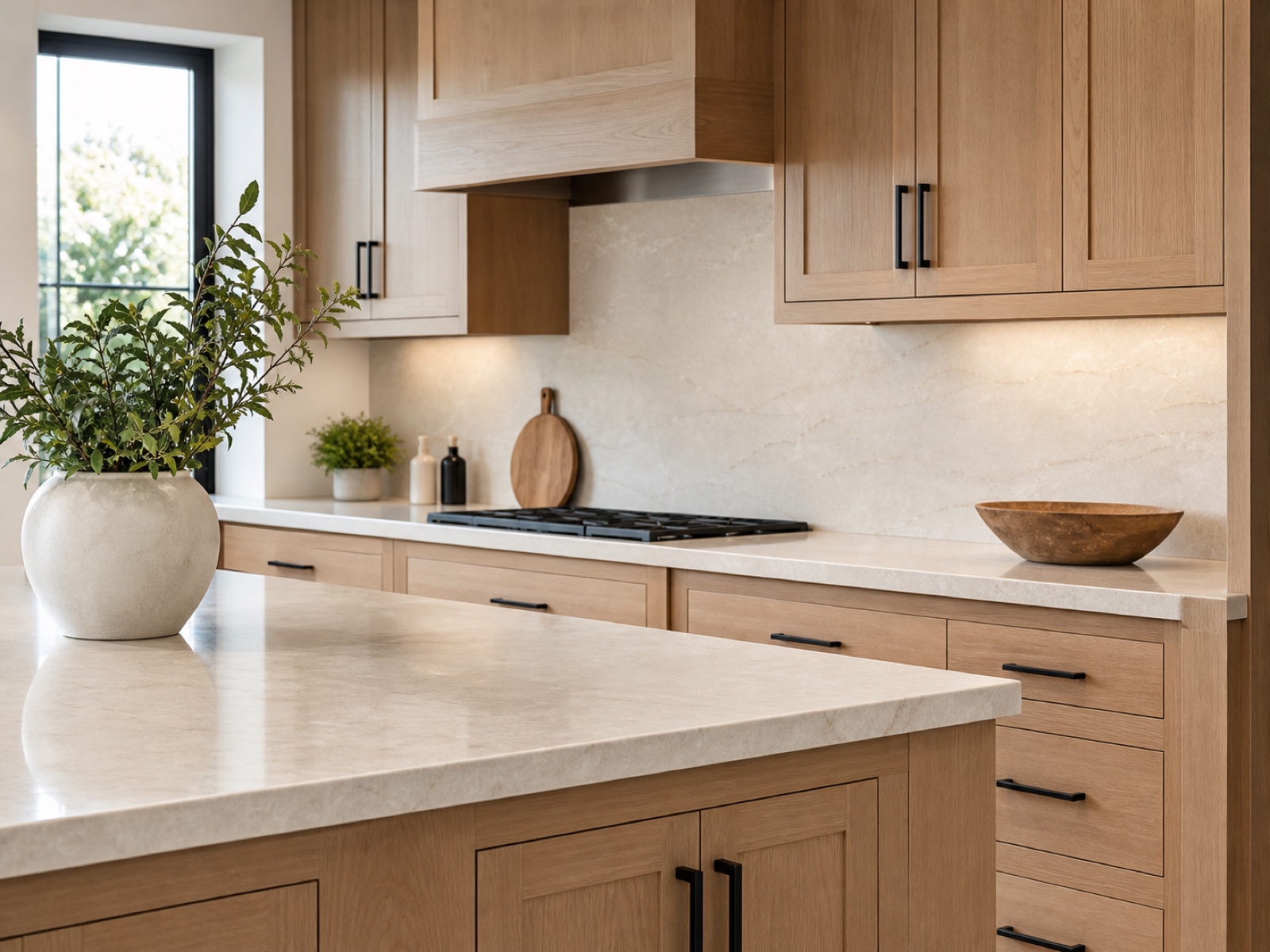 Custom cabinets and stone countertops representing cabinetry and countertop services