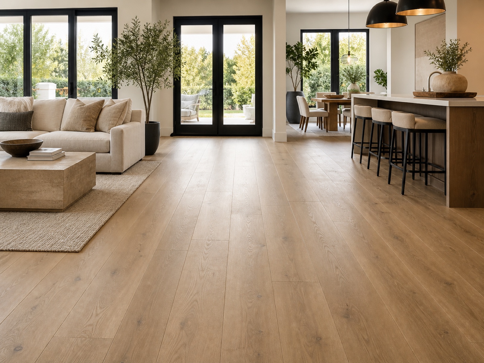 Wide-plank oak floor interior representing flooring installation services